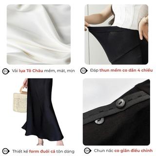 Chân Váy Lụa Bầu Dáng Dài Đuôi Cá Belles Lụa Tô Châu Cao Cấp Dày Mát Có Đáp Bụng Chun Điều Chỉnh Bigsize CV24