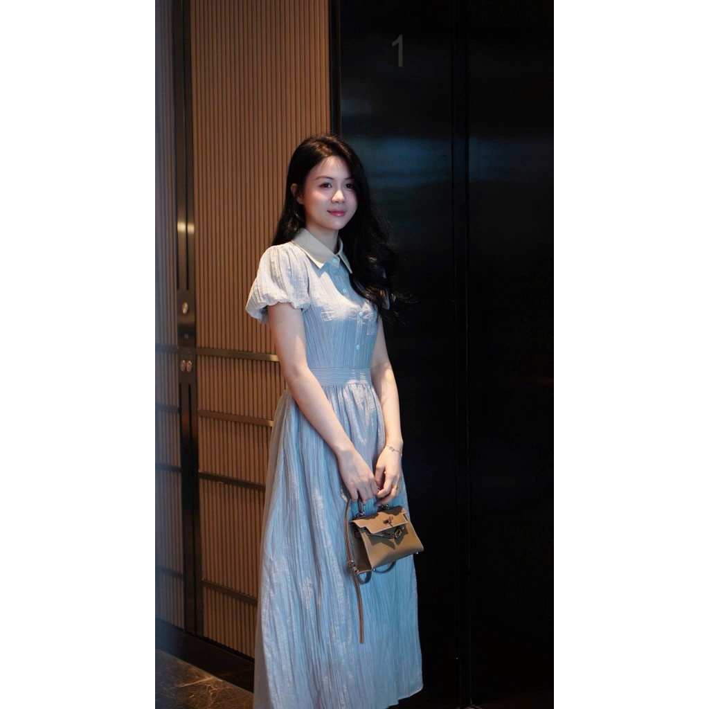 NH CLOTHER -Váy maxi công sở dáng dài tay ngắn phồng bẻ cổ màu be phối hàng cúc trước ngực