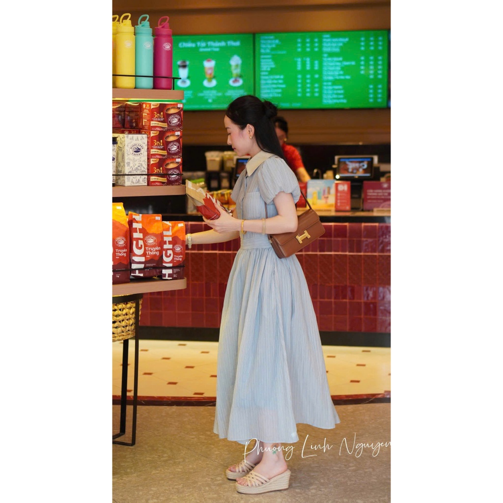 NH CLOTHER -Váy maxi công sở dáng dài tay ngắn phồng bẻ cổ màu be phối hàng cúc trước ngực