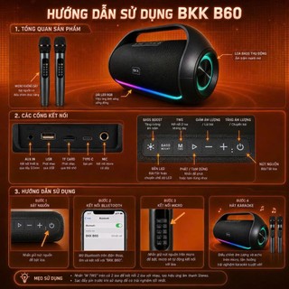 🔈Loa Bluetooth Karaoke 120W Bass Căng, Kèm 2 Mic Không Dây, Led RGB, Hỗ Trợ AUX TF USB Bluetooth 5.3