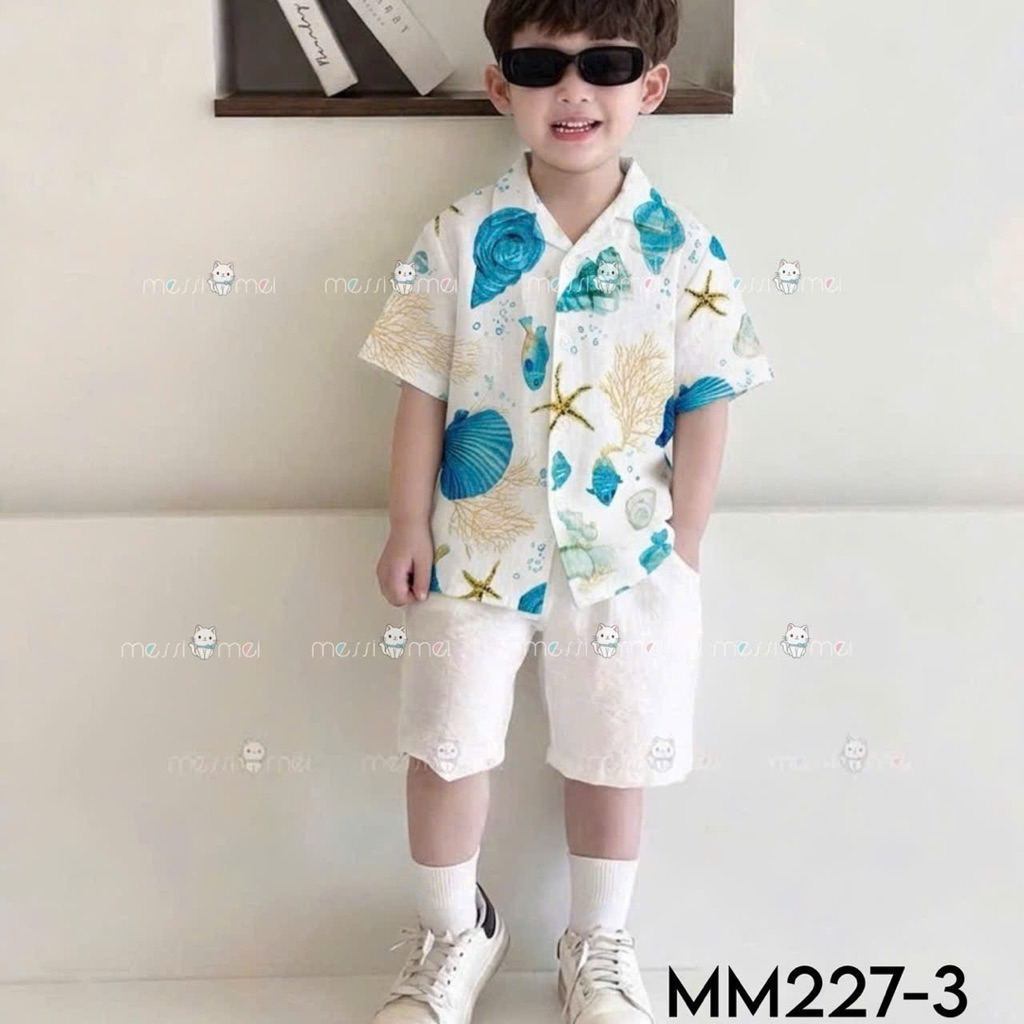 Set Đồ Đôi Bé Trai Bé Gái Đi Biển Chất Đũi Thoáng Mát, Váy + Dây Buộc Tóc Cho Bé Gái, Bộ bé trai Size 1-10y (8-40kg) MM