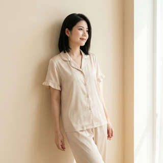 Đồ Bộ Nữ Lụa Cước Ánh Kim Dài Tay Ngắn Quần Dài Viền Bèo Mặc Nhà Cao Cấp Dịu Mát C07