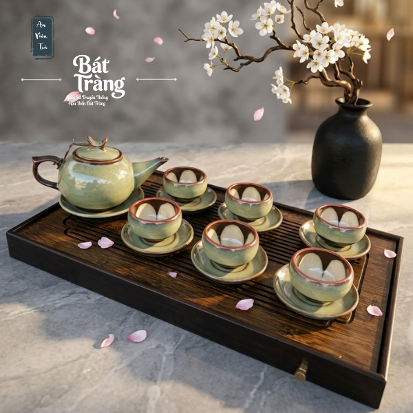 Bộ ấm chén Men Ngọc Trà Cổ Bát Tràng cao cấp - Men hỏa biến - Đủ phụ kiện Dáng ấm thượng tân kiều