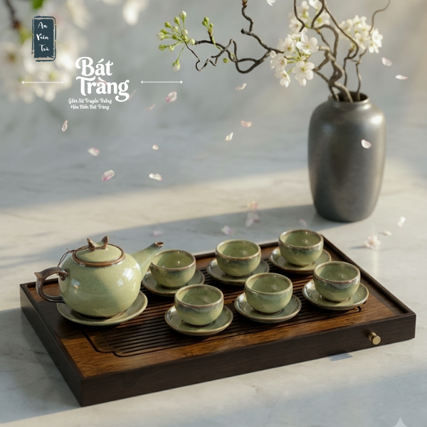 Bộ ấm chén Men Ngọc Trà Cổ Bát Tràng cao cấp - Men hỏa biến - Đủ phụ kiện Dáng ấm thượng tân kiều