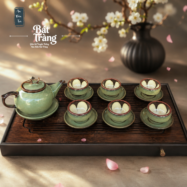 Bộ ấm chén Men Ngọc Trà Cổ Bát Tràng cao cấp - Men hỏa biến - Đủ phụ kiện Dáng ấm thượng tân kiều