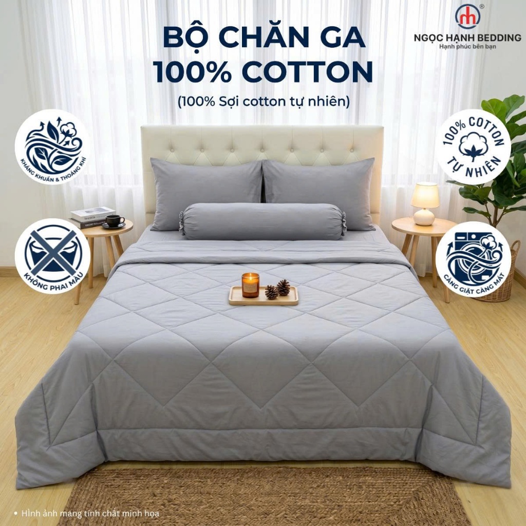 BỘ GA COTTON 100%, KHÔNG PHA POLY, THOÁNG MÁT, KHÔNG XÙ LÔNG, nệm 10cm đến 20cm - Ngọc Hạnh Bedding