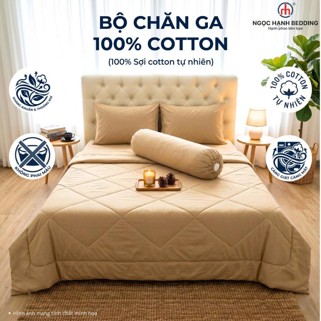 BỘ GA COTTON 100%, KHÔNG PHA POLY, THOÁNG MÁT, KHÔNG XÙ LÔNG, nệm 10cm đến 20cm - Ngọc Hạnh Bedding