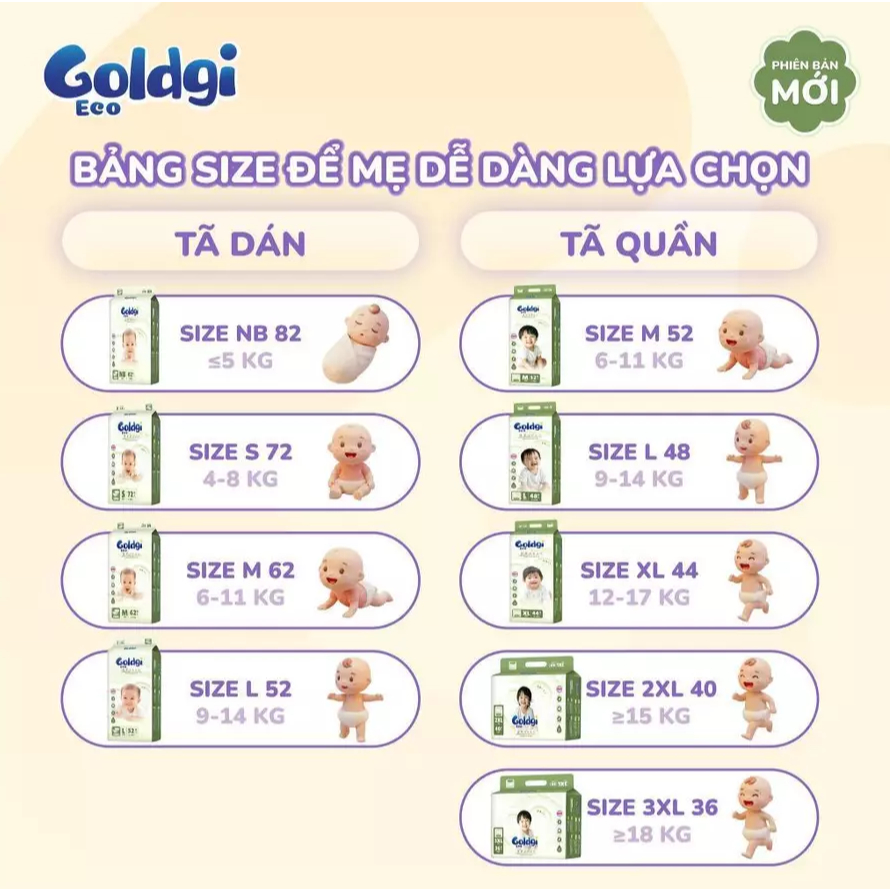 [BỈM HÈ] Tã/ Bỉm Goldgi Eco New 2026 Cải Tiến Siêu Mỏng Nhẹ Dành Cho Bé Đủ Size NB/S/M/L/XL/XXL/XXXL