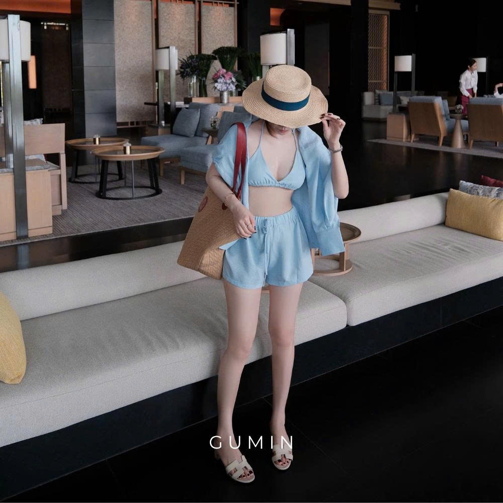 Set bikini 3 món GUMIN thiết kế áo bra kèm áo khoác sơ mi phối quần short basic, set đồ nữ đi biển sang chảnh