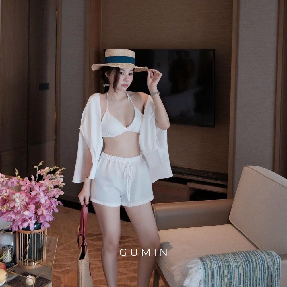 Set bikini 3 món GUMIN thiết kế áo bra kèm áo khoác sơ mi phối quần short basic, set đồ nữ đi biển sang chảnh