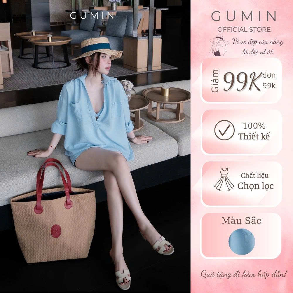 Set bikini 3 món GUMIN thiết kế áo bra kèm áo khoác sơ mi phối quần short basic, set đồ nữ đi biển sang chảnh