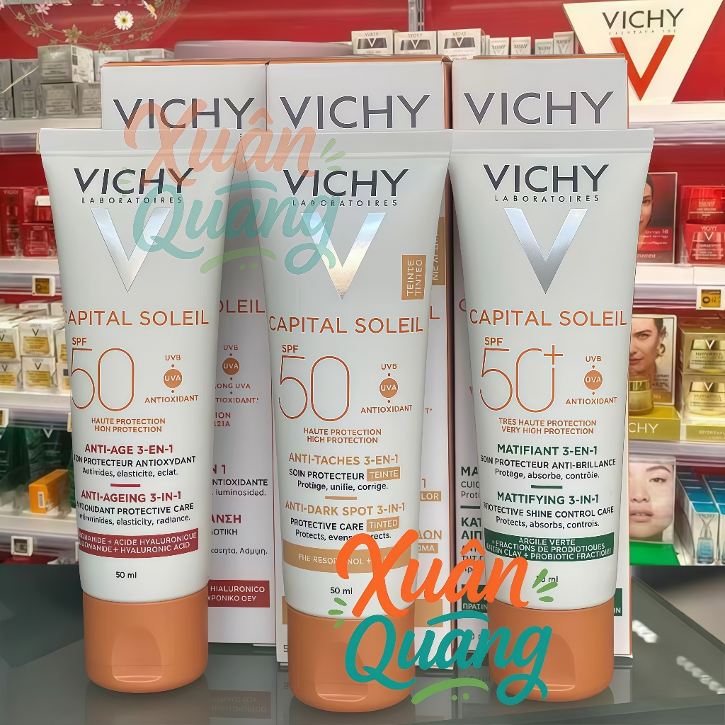 Kem Chống Nắng VICHY Capital Soleil Anti-Ageing 3-in-1 SPF50 | Anti-Dark Spot 3-in-1 Tinted Care | Mattifying 3-in-1