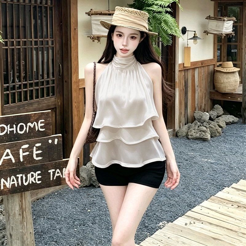 【dynamar】Áo Cami kiểu Pháp bóng bẩy dành cho nữ, viền bèo nhún, buộc dây, cổ yếm, hở lưng, không tay, dáng ôm