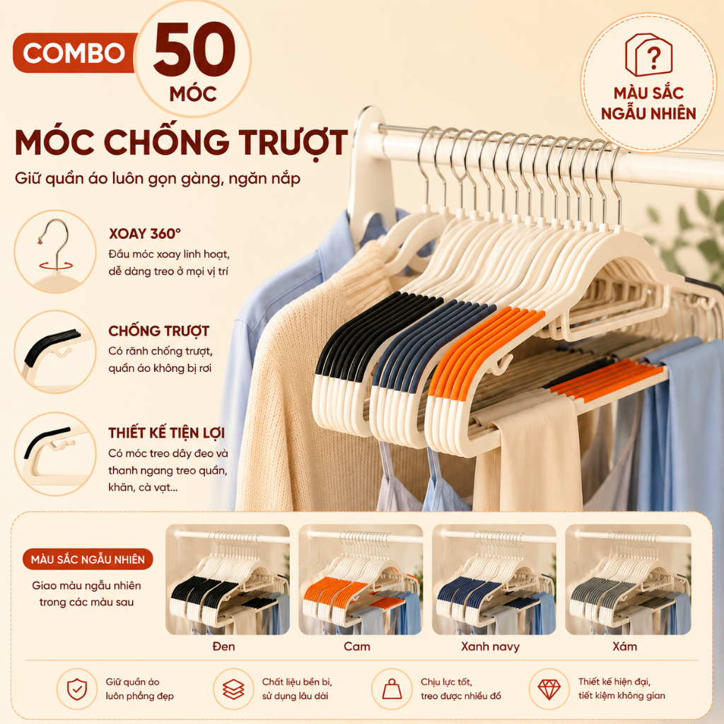 Combo 50 Móc Nhựa Treo Quần Áo Chống Trượt Đa Năng Huy Tưởng, Móc Treo Đồ Chống Tuột Xoay 360 Độ | BigBuy360 - bigbuy360.vn