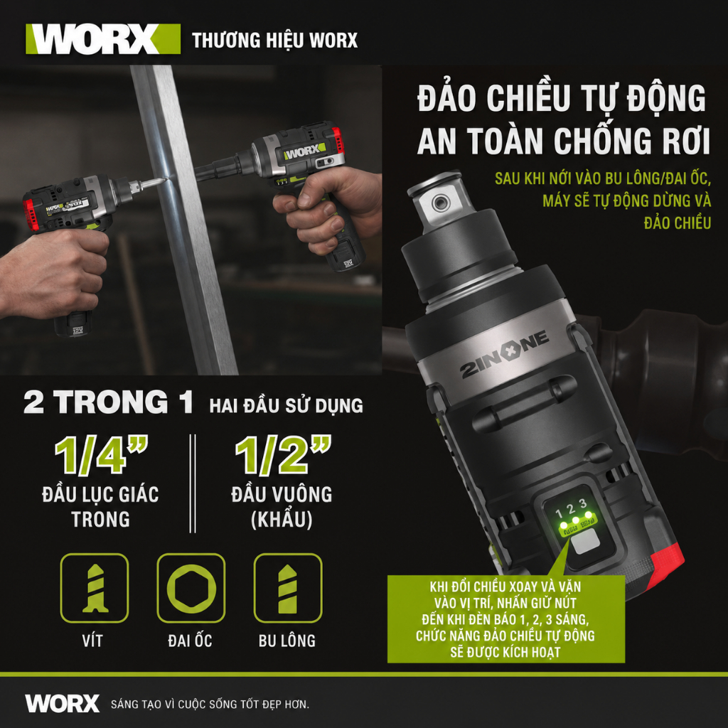 Máy Bu Lông 2 in 1 WORX WU132T - Bản Đầu Kép - Chính Hãng - BH 12 Tháng