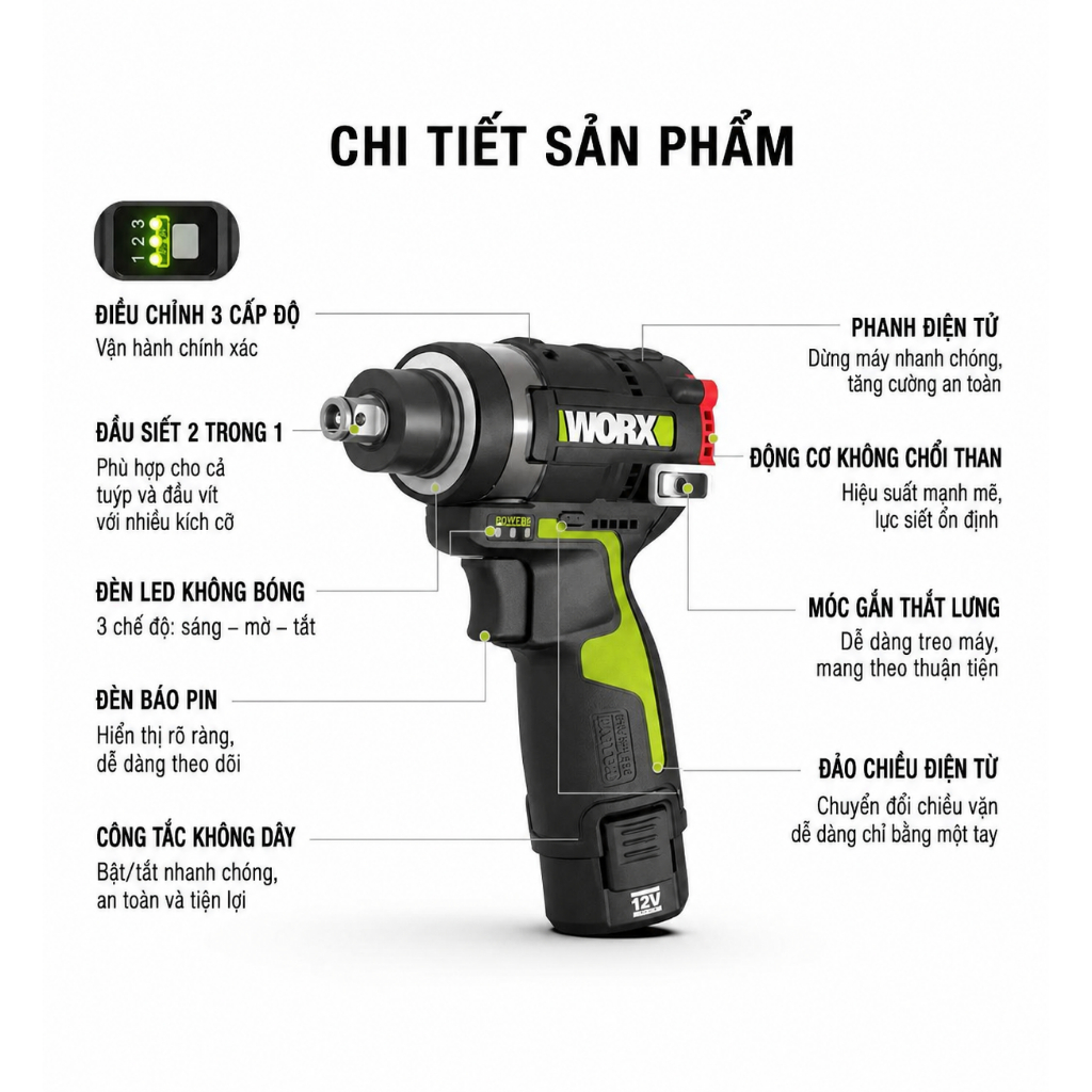 Máy Bu Lông 2 in 1 WORX WU132T - Bản Đầu Kép - Chính Hãng - BH 12 Tháng