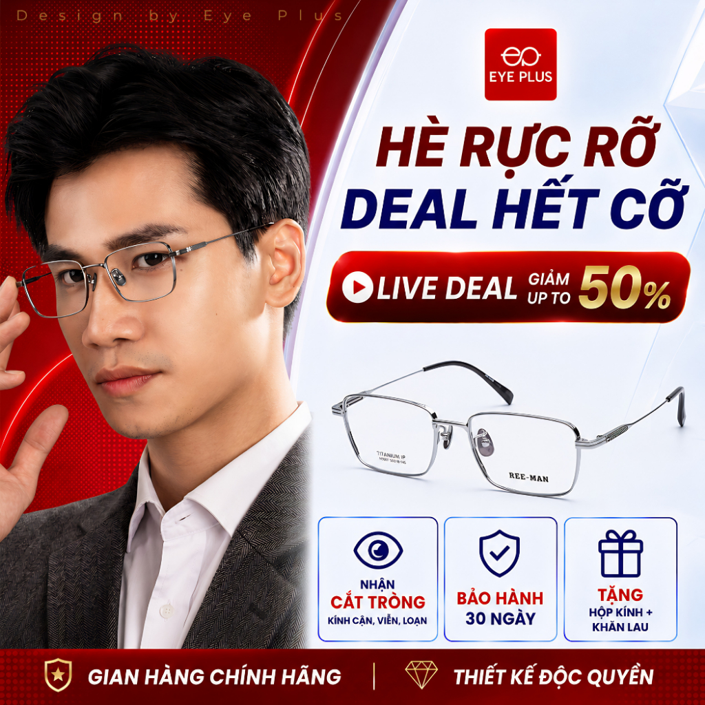 [RM] Kính Cận Titan Dáng Chữ Nhật Nam Nữ Reeman 98100 Eye Plus Gọng Kính Titanium Cao Cấp Mảnh Nhẹ