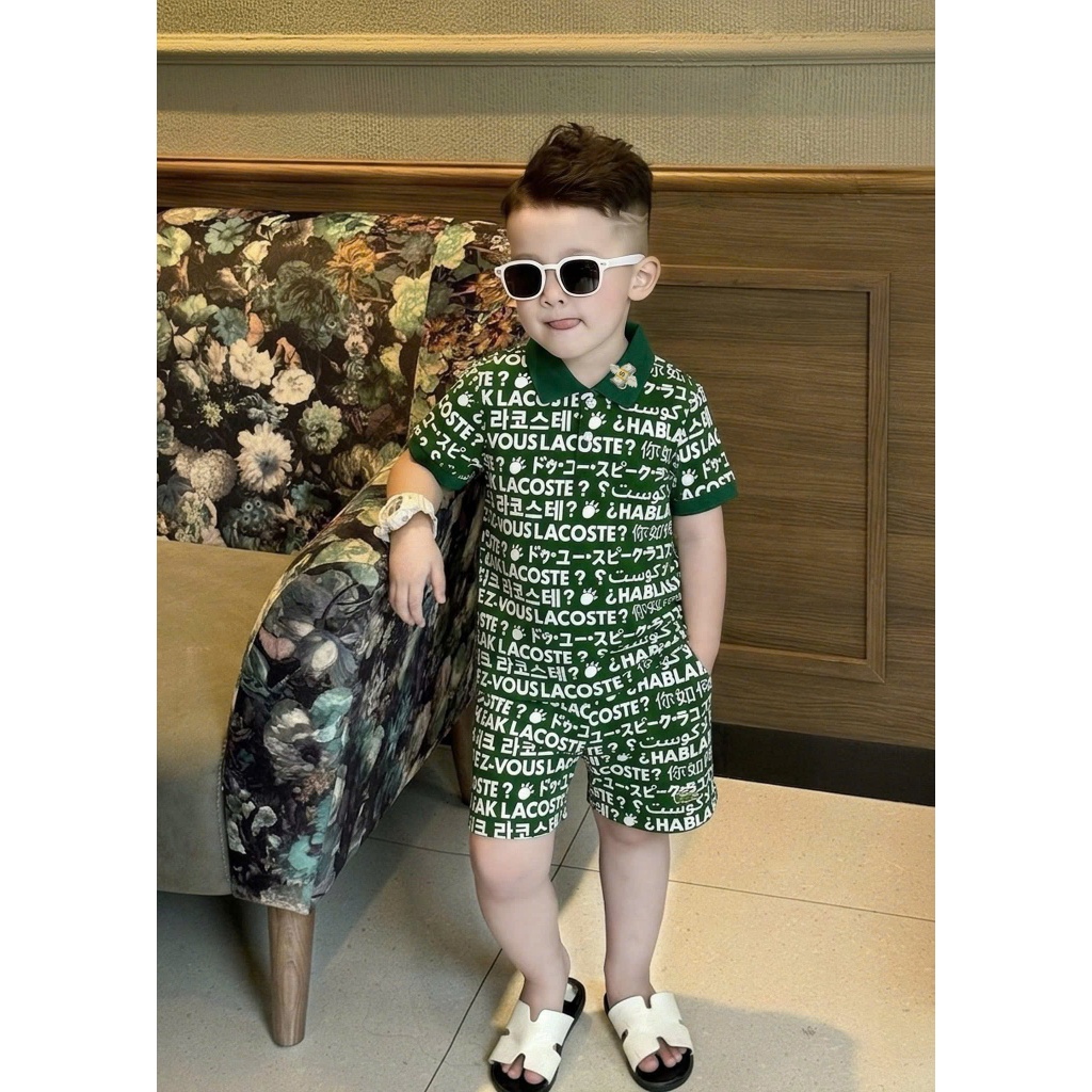 Bộ Hè Thể Thao Polo La Cos Xanh In Nhiều Chữ Thêu Hình Cổ Áo Siêu Đẹp_ Set Polo Thể Thao Cho Bé Cao Cấp