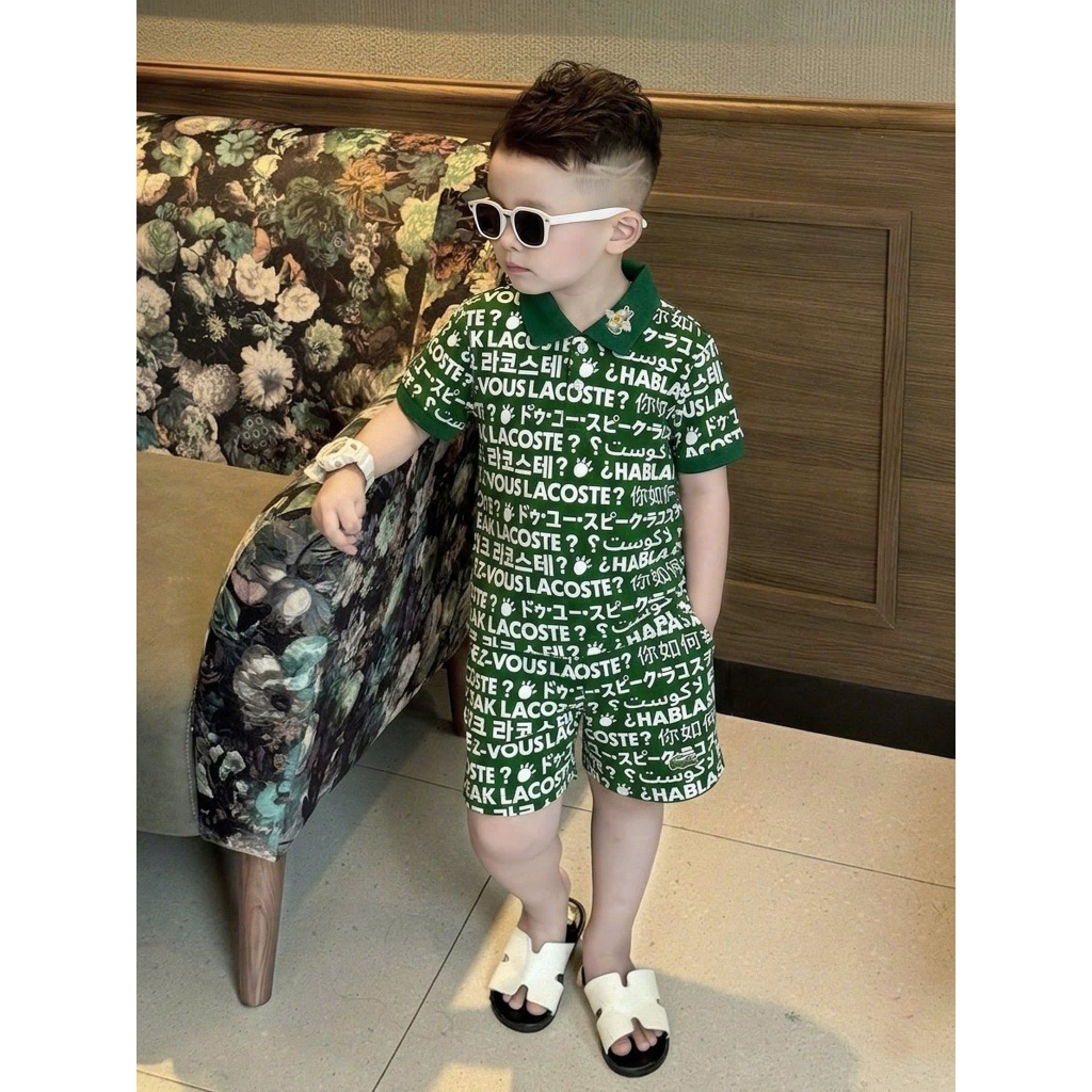 Bộ Hè Thể Thao Polo La Cos Xanh In Nhiều Chữ Thêu Hình Cổ Áo Siêu Đẹp_ Set Polo Thể Thao Cho Bé Cao Cấp