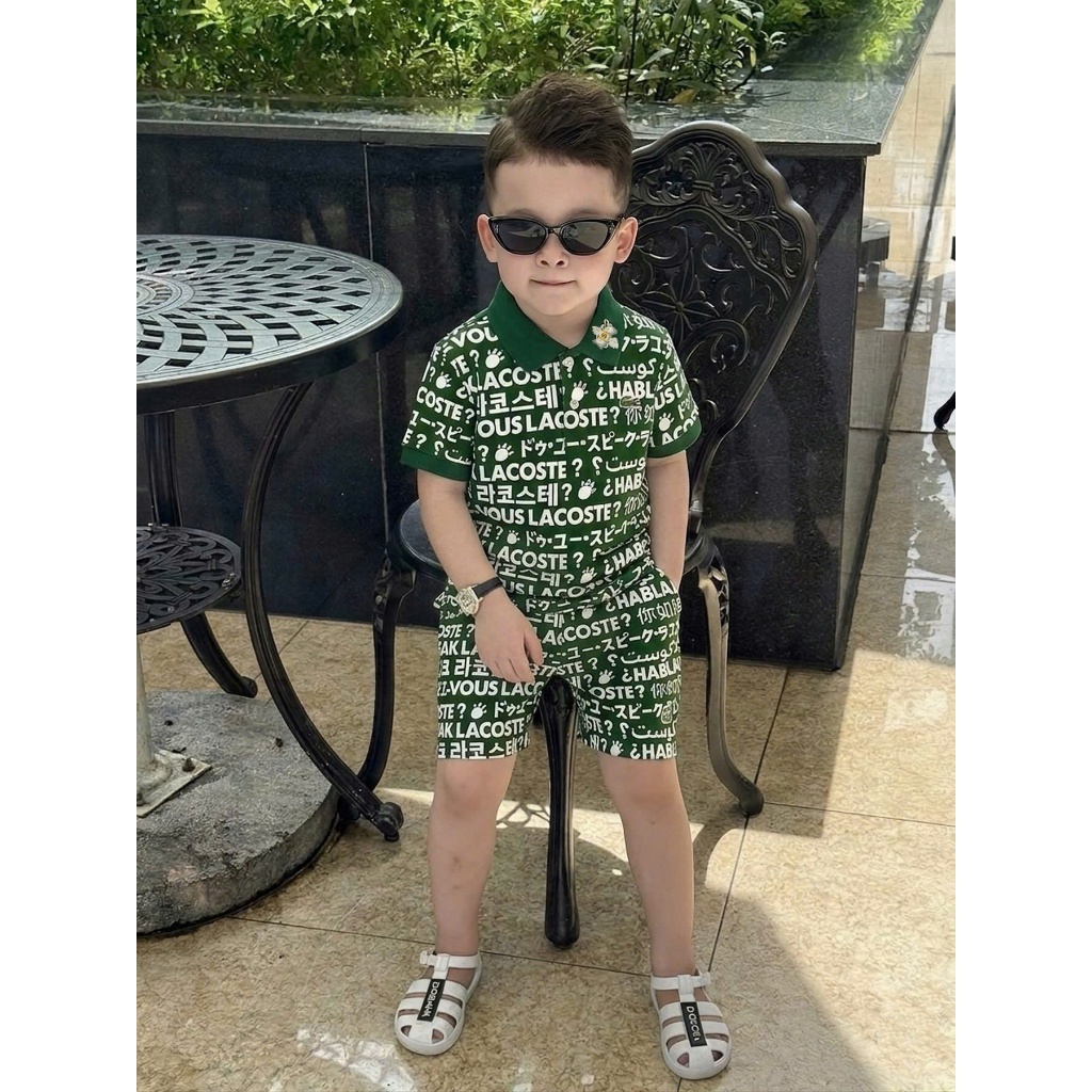 Bộ Hè Thể Thao Polo La Cos Xanh In Nhiều Chữ Thêu Hình Cổ Áo Siêu Đẹp_ Set Polo Thể Thao Cho Bé Cao Cấp