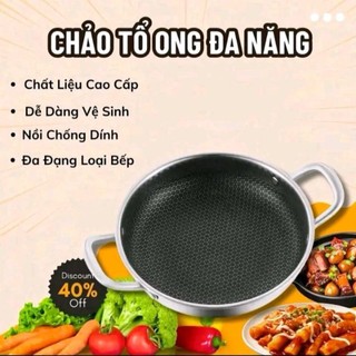 Chảo Tổ Ong Đáy Phẳng 2 Quai, Chống Dính Sâu Lòng, Size 28 cm inox Phù Hợp Với Mọi Loại bếp inox 304 siêu bền