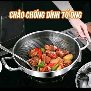 Chảo Tổ Ong Đáy Phẳng 2 Quai, Chống Dính Sâu Lòng, Size 28 cm inox Phù Hợp Với Mọi Loại bếp inox 304 siêu bền