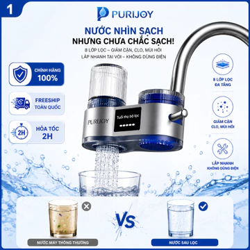 Bộ Lọc Nước Tại Vòi PURIJOY 8 Lớp Chính Hãng – Lọc Cặn Clo Mùi Hôi – Máy Lọc Nước Mini Gắn Vòi Rửa Kèm 2 Lõi Lọc