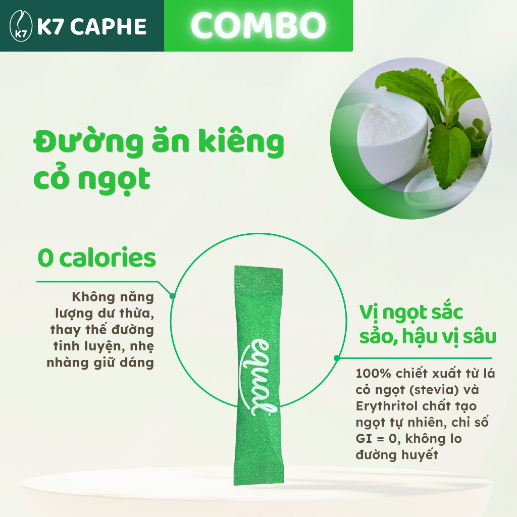 [COMBO] Cà phê sấy lạnh K7 Đường ăn kiêng cỏ ngọt - Cà phê thơm nồng, Vị ngọt sắc sảo, 0 Calo, Tỉnh táo không ép tim