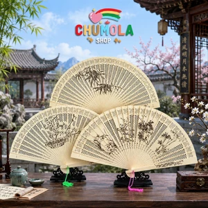 Quạt gỗ thơm cổ phong 8 mẫu quạt xếp cầm tay phong cách Trung Quốc
