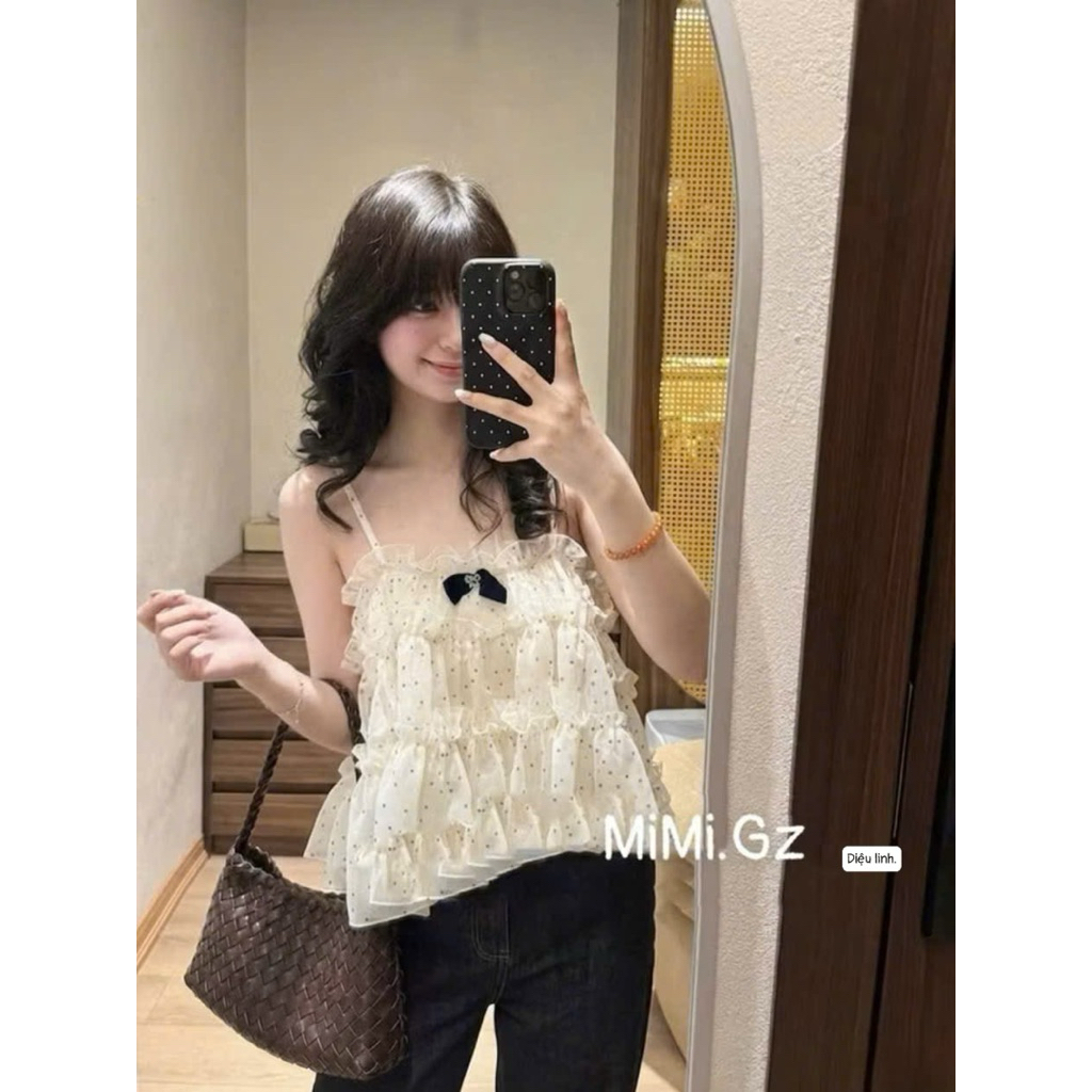 Áo chấm bi 2 dây phối tơ bèo mix đồ siu xinh