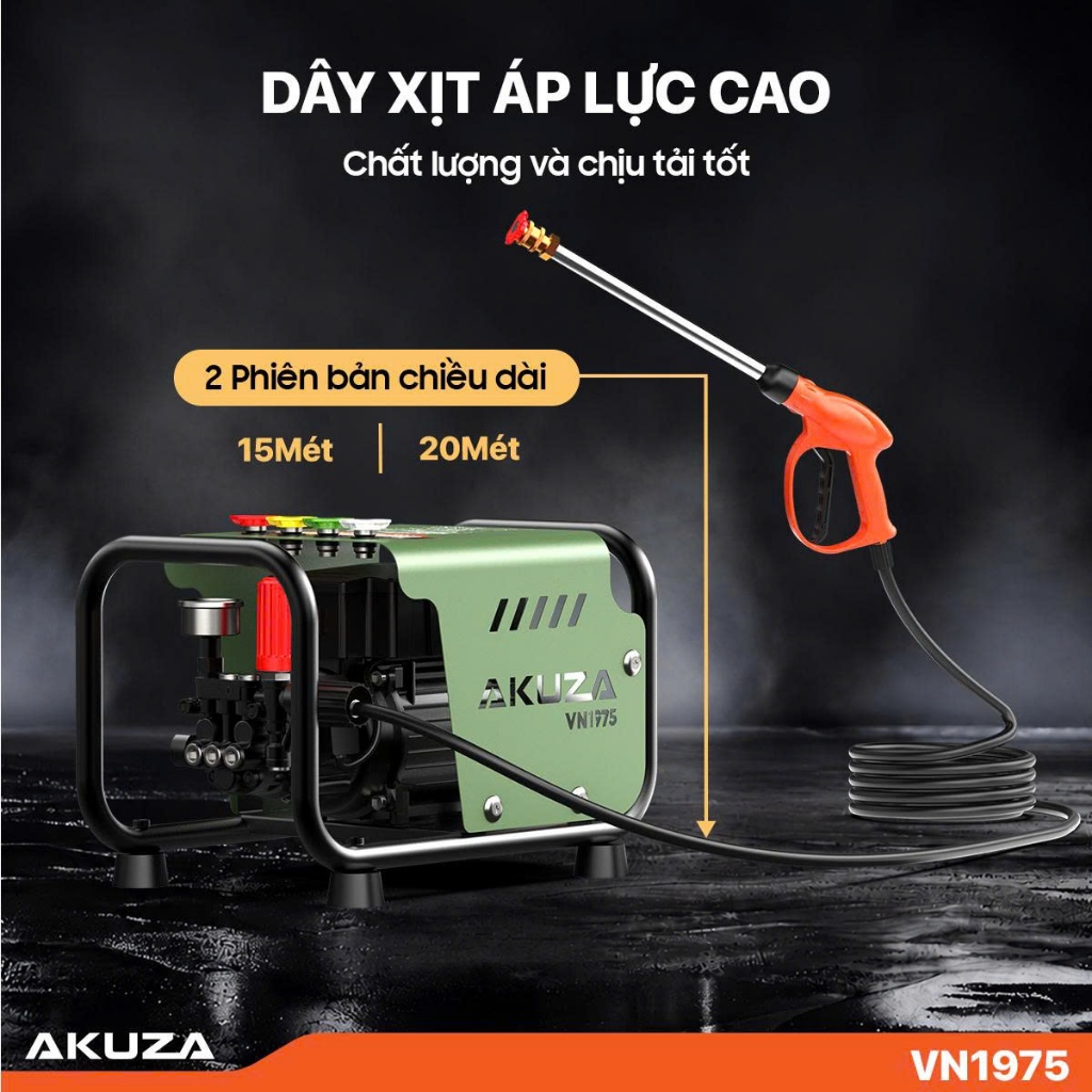 AKUZA VN1975 Máy rửa xe 100% CHUẨN LÕI ĐỒNG , động cơ cảm ứng từ , công suất 1.5HP, lưu lượng 8L/P