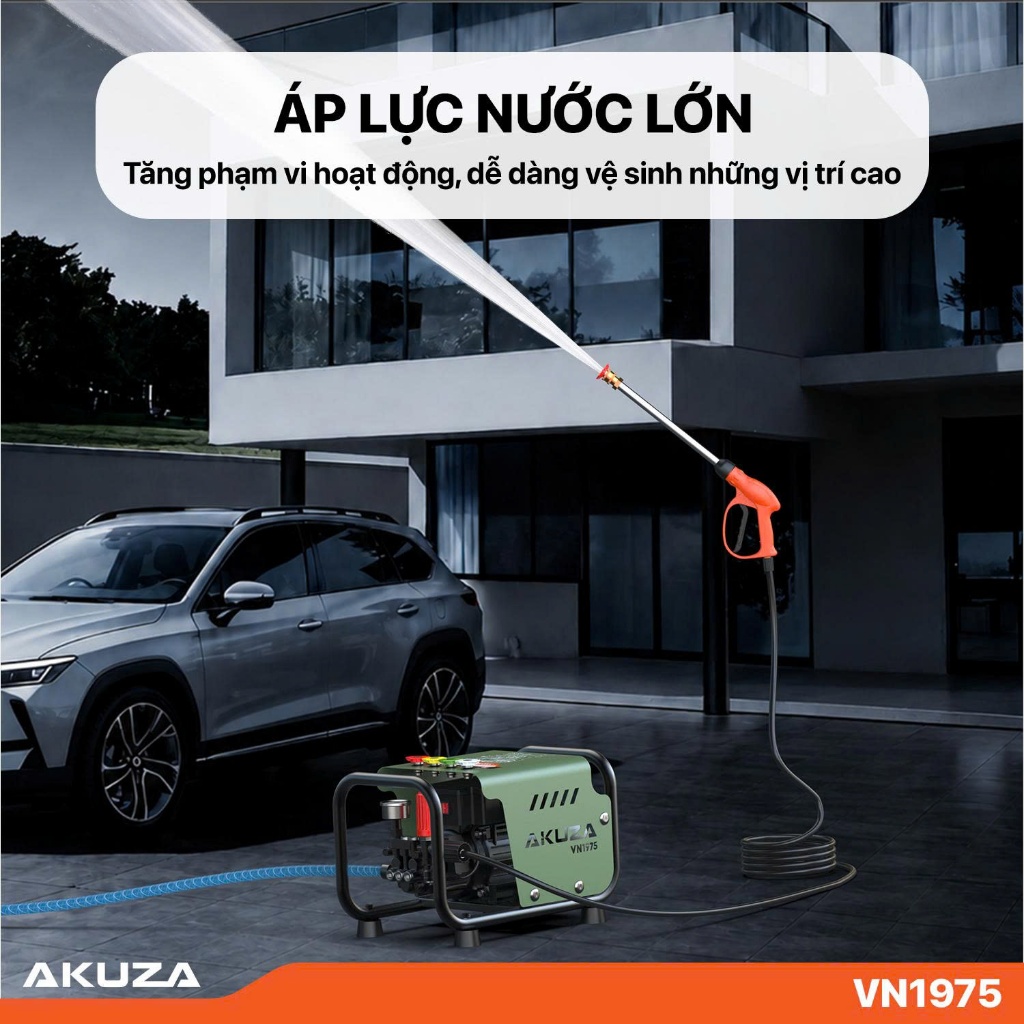 AKUZA VN1975 Máy rửa xe 100% CHUẨN LÕI ĐỒNG , động cơ cảm ứng từ , công suất 1.5HP, lưu lượng 8L/P