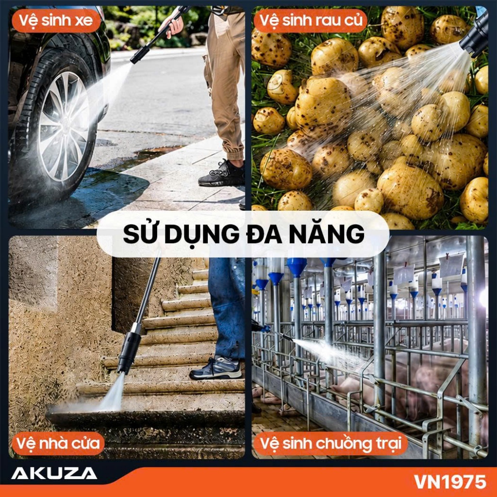 AKUZA VN1975 Máy rửa xe 100% CHUẨN LÕI ĐỒNG , động cơ cảm ứng từ , công suất 1.5HP, lưu lượng 8L/P