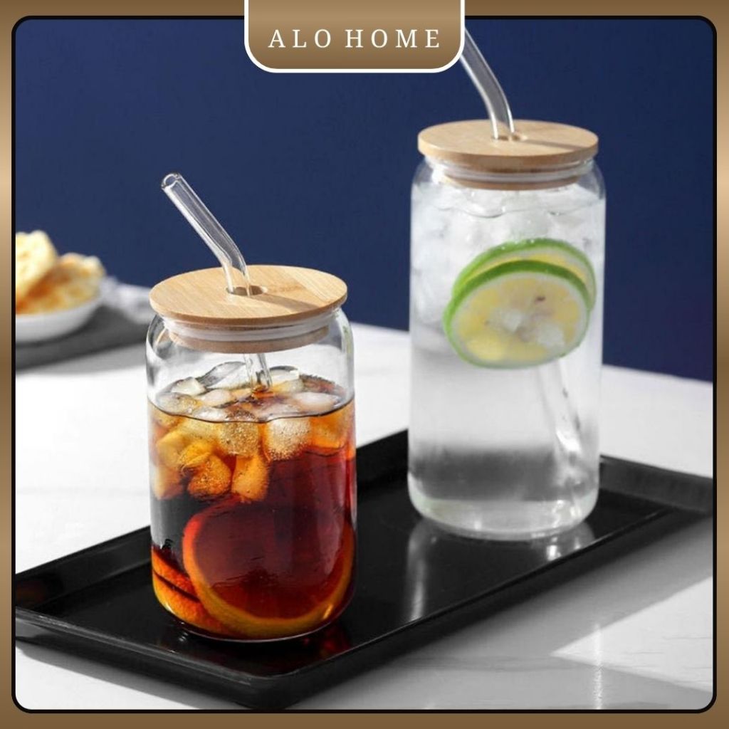 Cốc Thủy Tinh Có Nắp 500ML ALOHOME – Ly Thủy Tinh Kèm Nắp Gỗ Và Ống Hút Sang Trọng