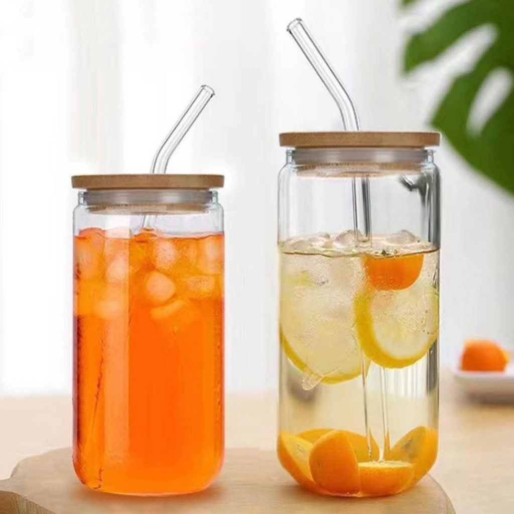 Cốc Thủy Tinh Có Nắp 500ML ALOHOME – Ly Thủy Tinh Kèm Nắp Gỗ Và Ống Hút Sang Trọng