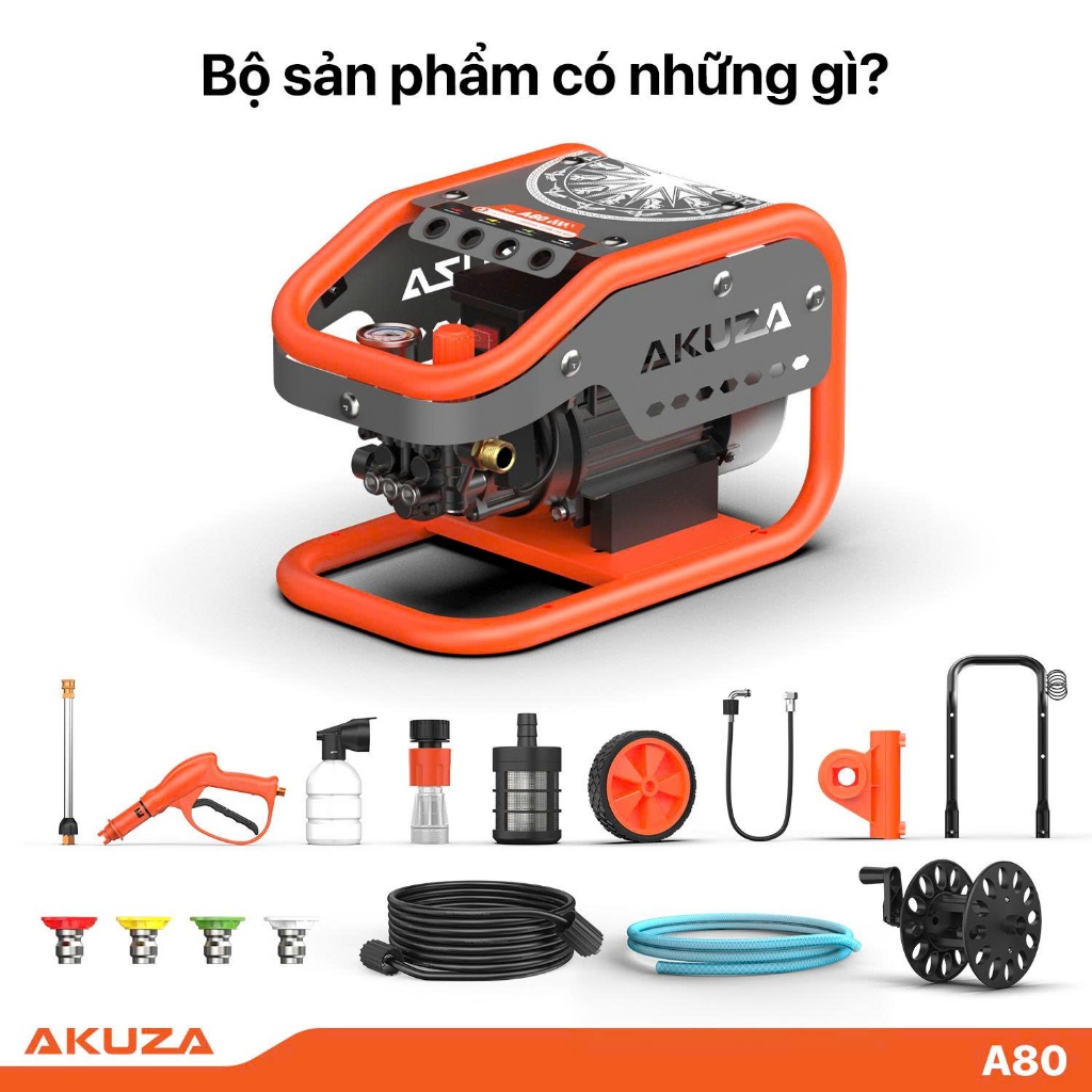 AKUZA A80 Máy rửa xe 100% CHUẨN LÕI ĐỒNG , động cơ cảm ứng từ , cồng suất 1.8HP, lưu lượng 10L/P