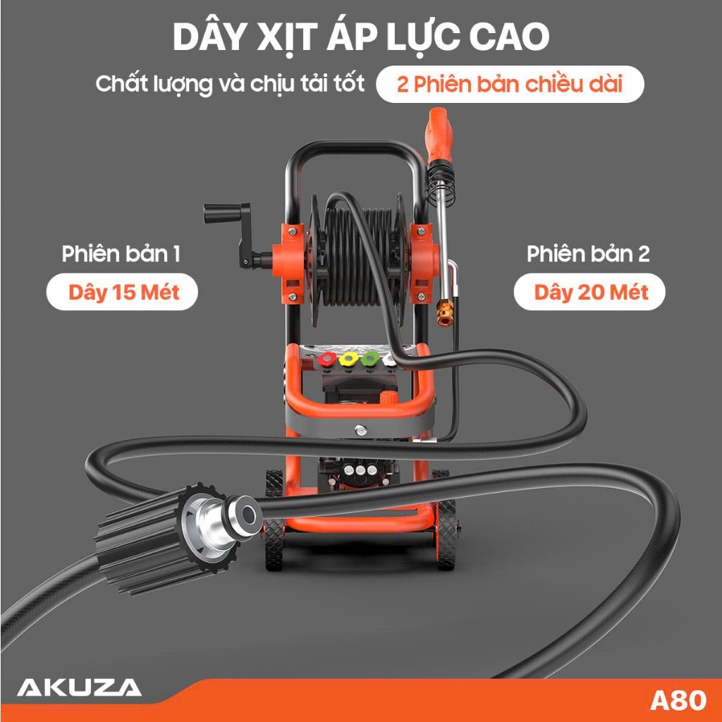 AKUZA A80 Máy rửa xe 100% CHUẨN LÕI ĐỒNG , động cơ cảm ứng từ , cồng suất 1.8HP, lưu lượng 10L/P
