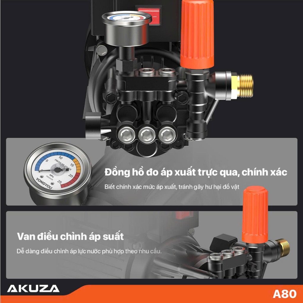 AKUZA A80 Máy rửa xe 100% CHUẨN LÕI ĐỒNG , động cơ cảm ứng từ , cồng suất 1.8HP, lưu lượng 10L/P