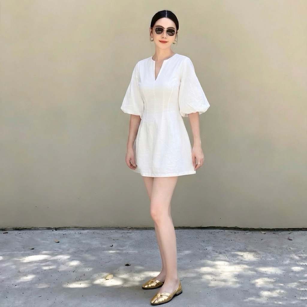 Đầm linen màu trắng tay bồng chiết eo tôn dáng đi biển đi chơi, váy tiểu thư sang chảnh