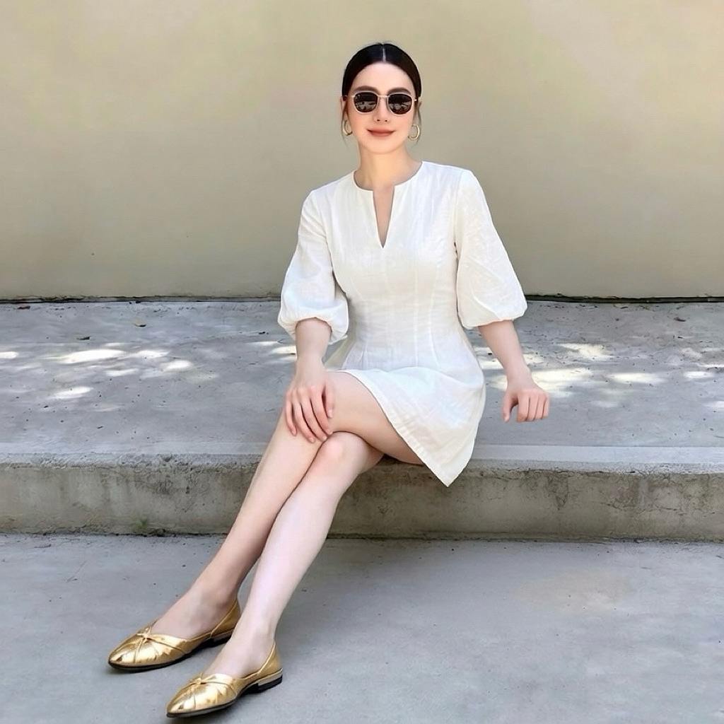 Đầm linen màu trắng tay bồng chiết eo tôn dáng đi biển đi chơi, váy tiểu thư sang chảnh