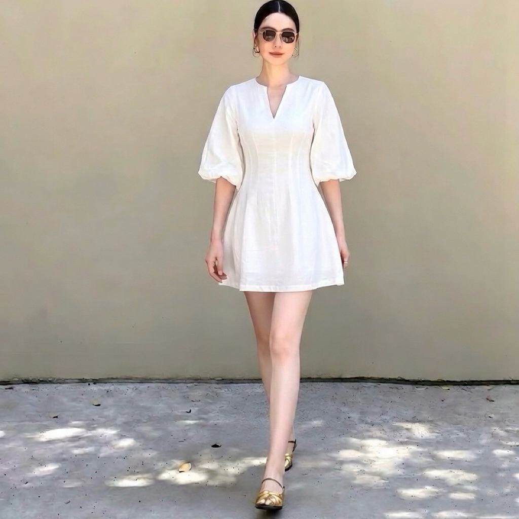Đầm linen màu trắng tay bồng chiết eo tôn dáng đi biển đi chơi, váy tiểu thư sang chảnh