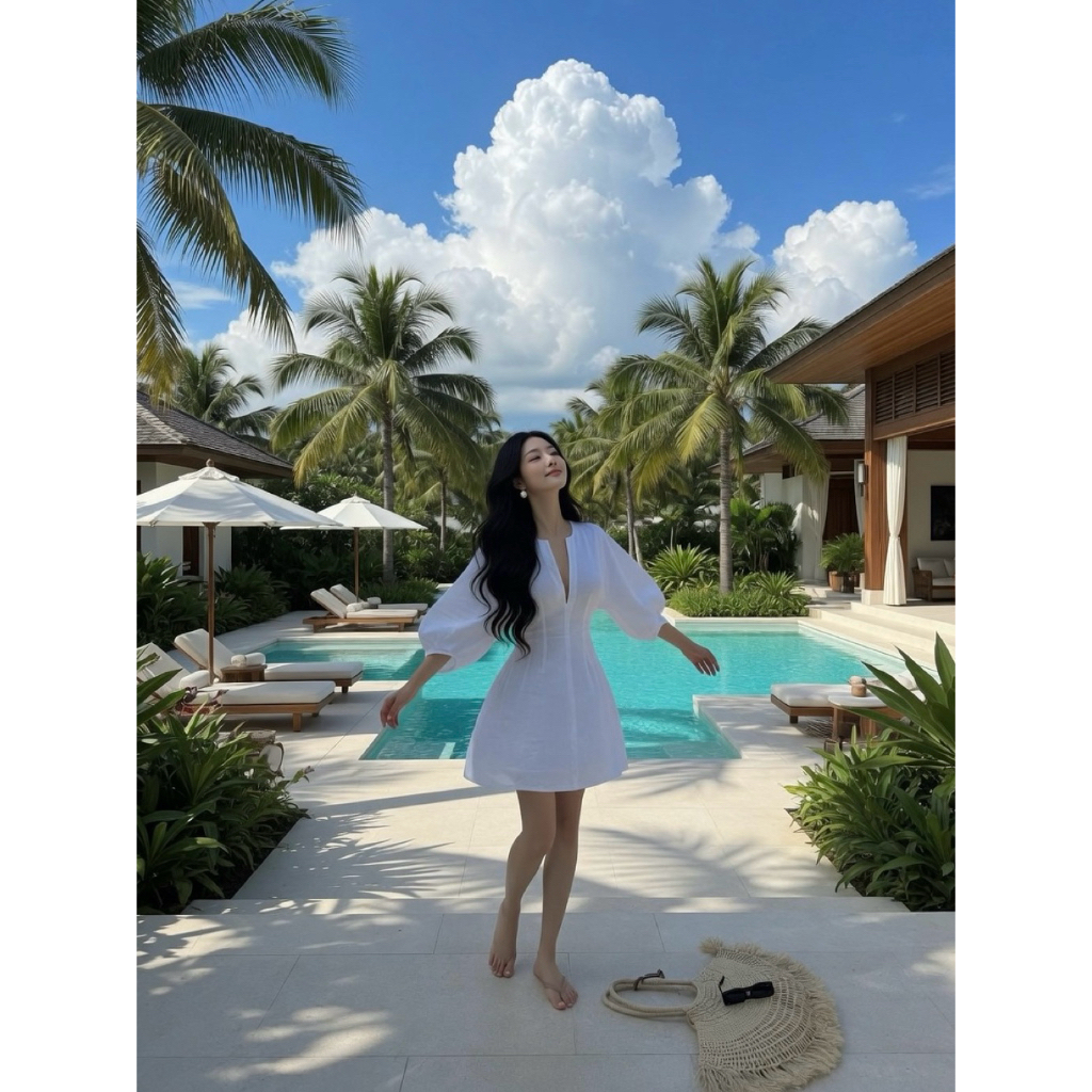 Đầm linen màu trắng tay bồng chiết eo tôn dáng đi biển đi chơi, váy tiểu thư sang chảnh