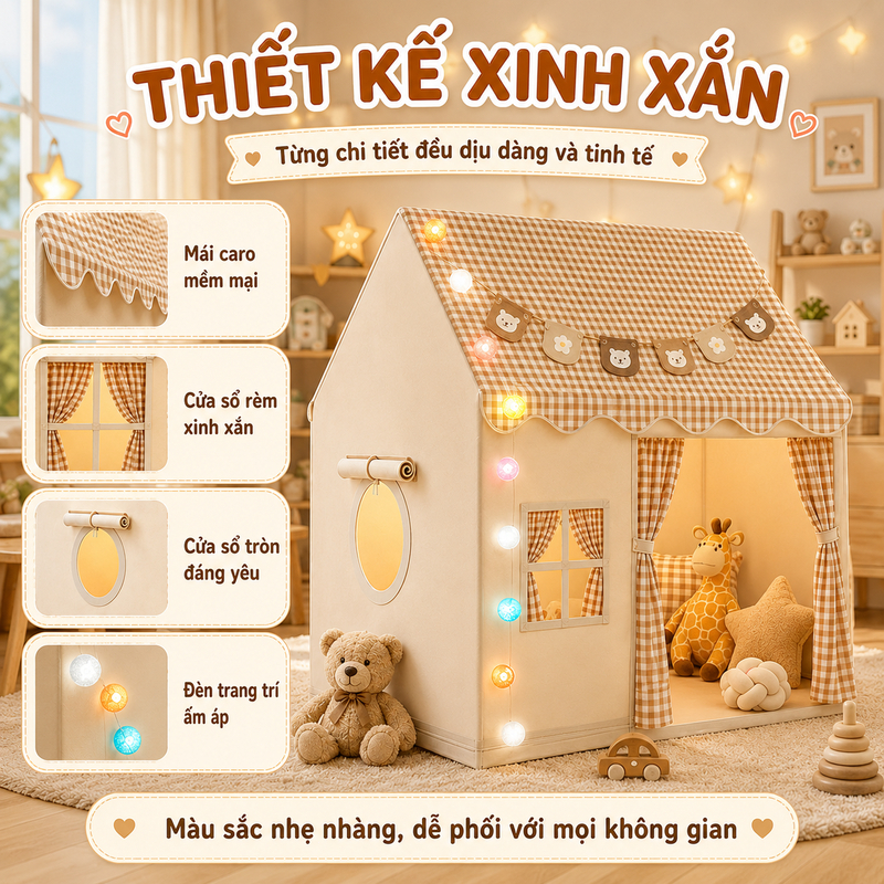 Lều Cho Bé Gái Bé Trai Cỡ Đại Đồ Chơi Trong Nhà Kèm Đèn Khung Kim Loại Vải Mềm Thoáng Khí Rộng Rãi