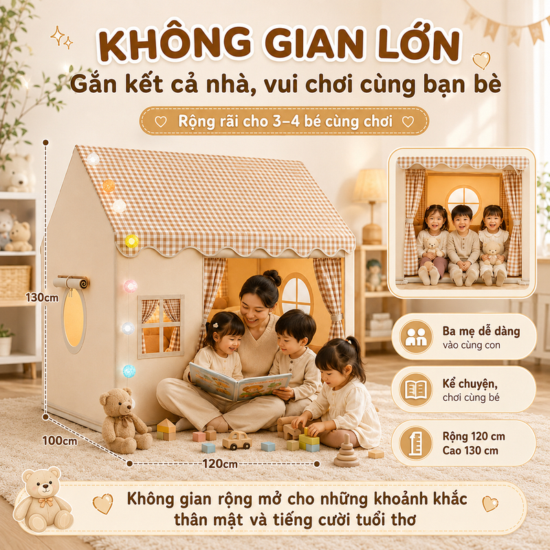 Lều Cho Bé Gái Bé Trai Cỡ Đại Đồ Chơi Trong Nhà Kèm Đèn Khung Kim Loại Vải Mềm Thoáng Khí Rộng Rãi