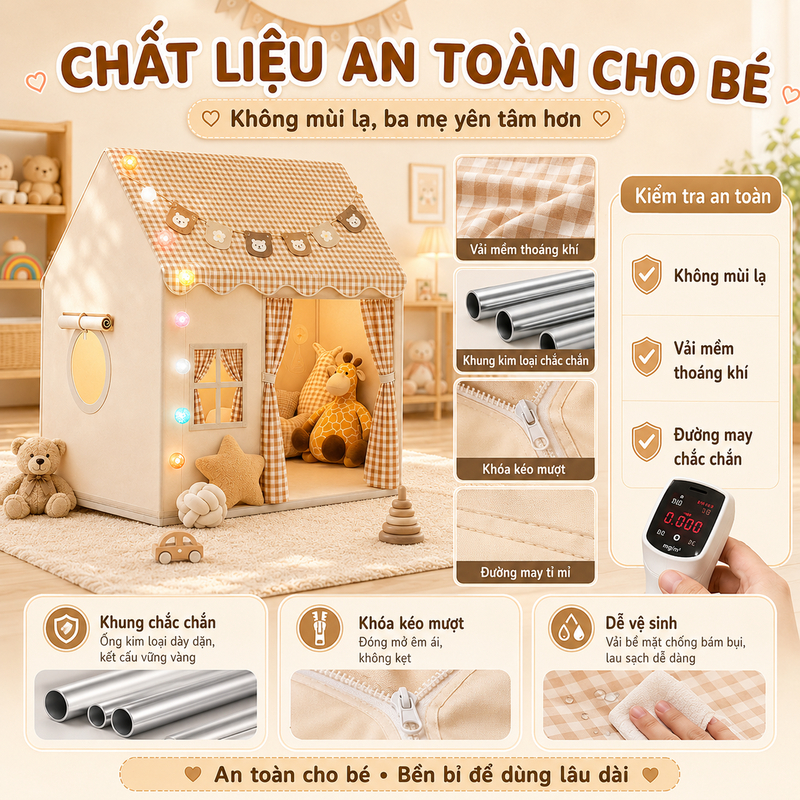 Lều Cho Bé Gái Bé Trai Cỡ Đại Đồ Chơi Trong Nhà Kèm Đèn Khung Kim Loại Vải Mềm Thoáng Khí Rộng Rãi