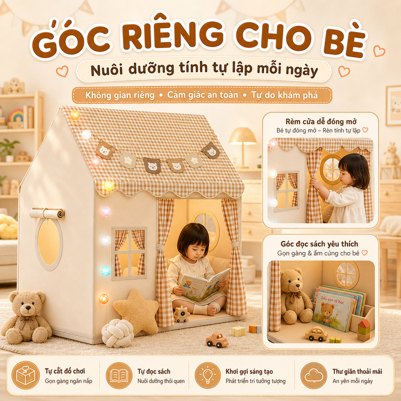 Lều Cho Bé Gái Bé Trai Cỡ Đại Đồ Chơi Trong Nhà Kèm Đèn Khung Kim Loại Vải Mềm Thoáng Khí Rộng Rãi