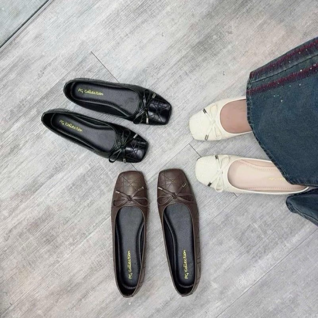 { vân giày xinh } giày bệt nữ đế bằng mũi vuông họa tiết chần chỉ gắn nơ chuông B12
