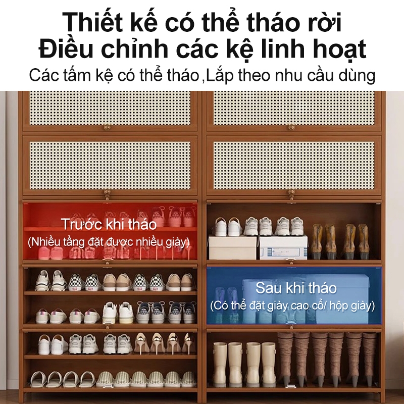 Tủ giày đan mây cửa lật chất liệu tre bền cao chứa 43 size linh hoạt tháo lắp bền cao Nhiều sao