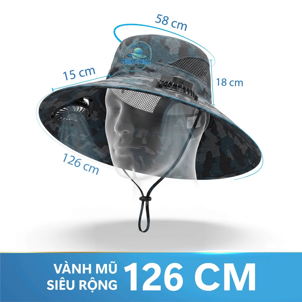 Mũ Điều Hòa TingTing Cao Cấp Vành Siêu Rộng 15cm, Nón Chống Nắng Kèm 2 Quạt Gió Năng Lượng Mặt Trời Pin Sạc Vành Thép