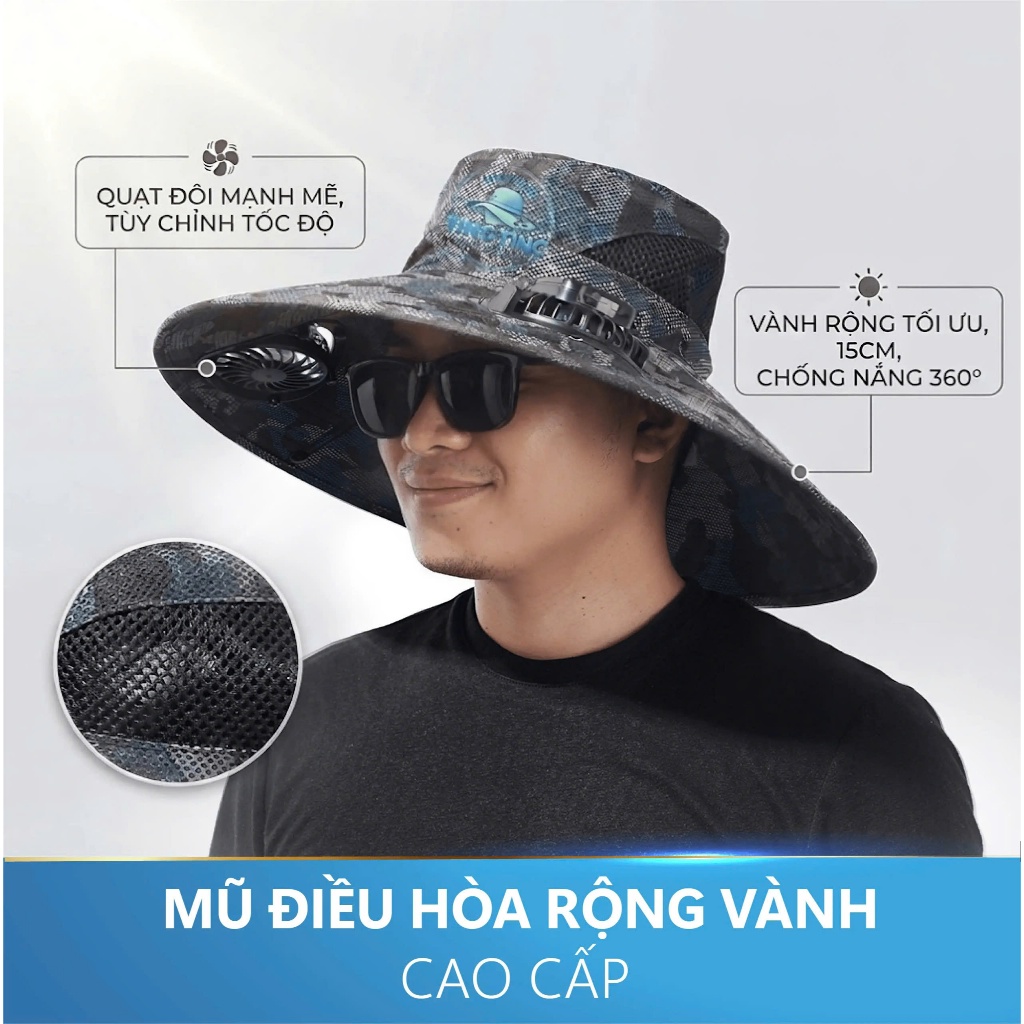 Mũ Điều Hòa TingTing Cao Cấp Vành Siêu Rộng 15cm, Nón Chống Nắng Kèm 2 Quạt Gió Năng Lượng Mặt Trời Pin Sạc Vành Thép